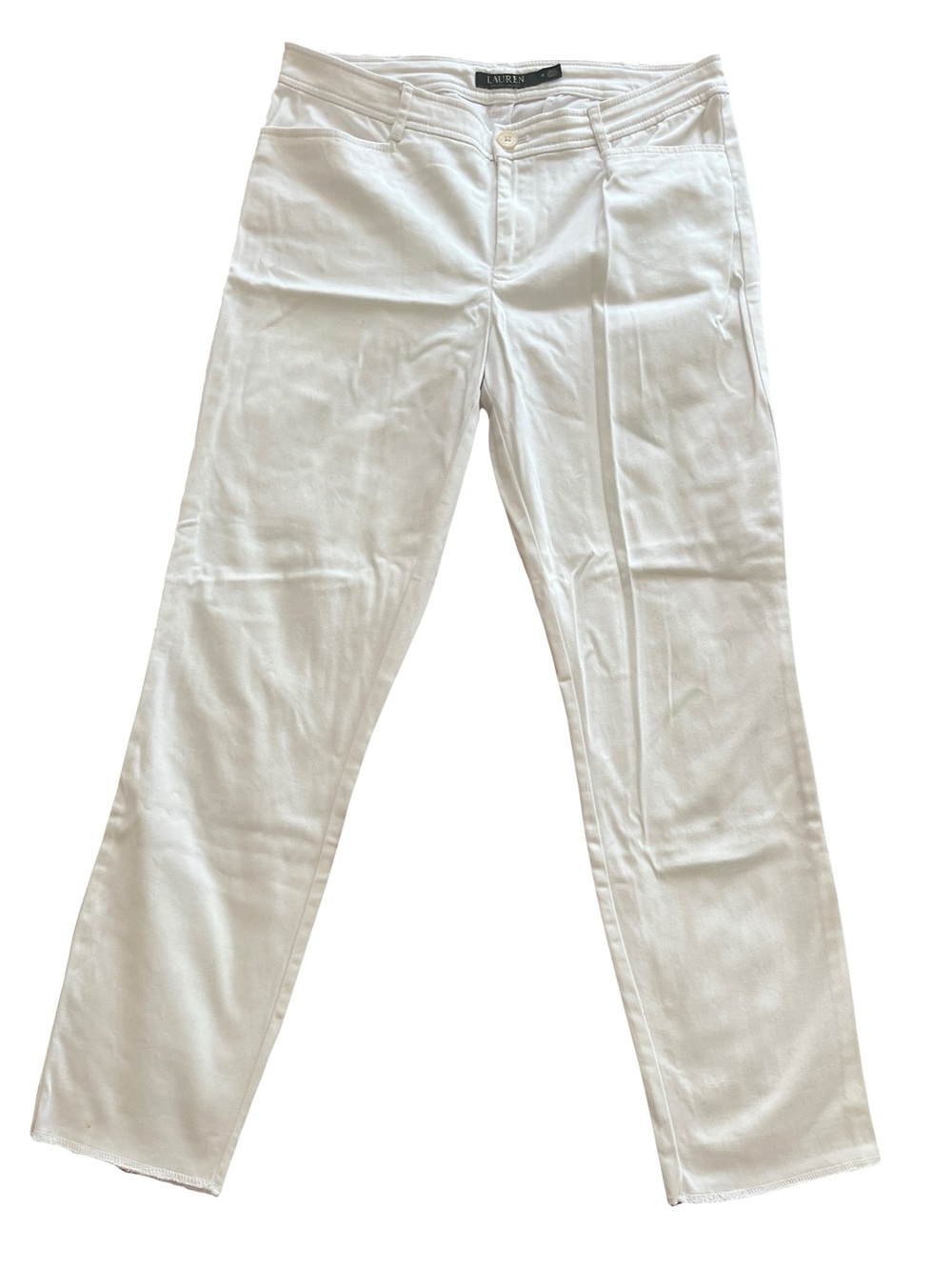 Eileen Fisher White Slacks Straight Leg with Taper raw hem Sz8